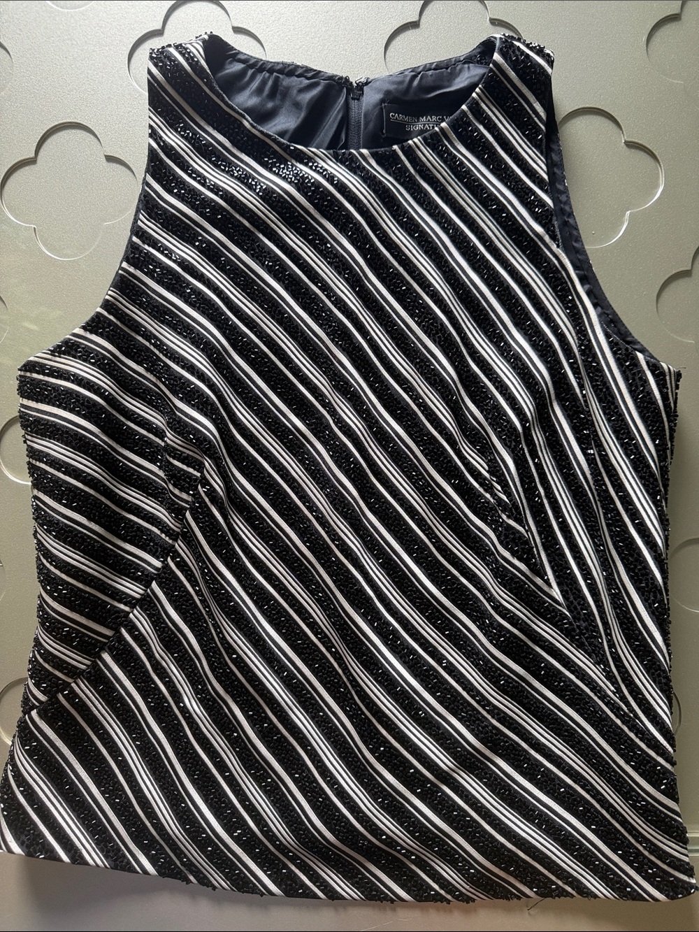 CARMEN MARC VALVO SIGNATURE Striped Beaded Silk Top Blouse Womens Size 8 - Picture 6 of 13